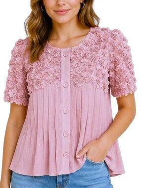 Donna Vinci‎ Top Women 8 Pink Linen 3D Floral Rosettes Coquette Cottagecore
